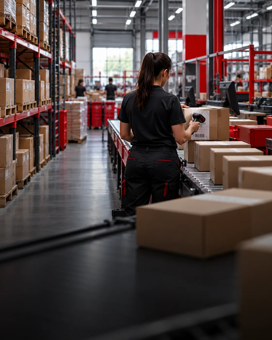 Profissional separando e escaneando pedidos em centro de distribuição